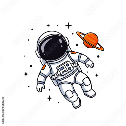 Vector flat design illustration of an astronaut floating in space near a ringed planet with stars