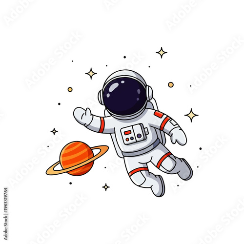 Vector flat design illustration of a cute astronaut floating in space with stars and a ringed planet nearby