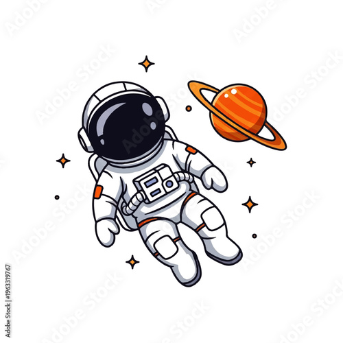 Vector flat design illustration of a cute astronaut floating in space next to a stylized planet with rings