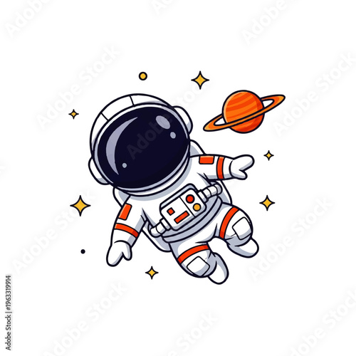 Vector flat design illustration of a cute astronaut floating in space with a planet and stars