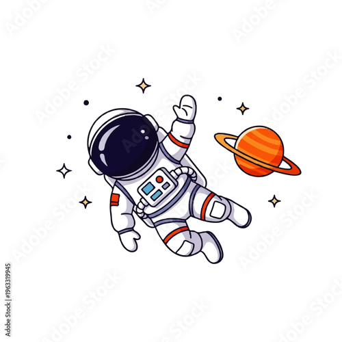 Vector flat design illustration of a cute astronaut floating in space near a planet with stars