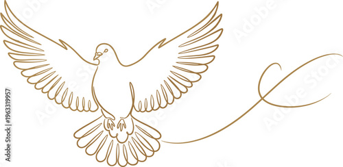 Golden continuous line vector illustration of dove bird in flight with spread wings, elegant flourish symbolizing peace and freedom