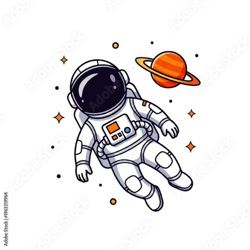 Vector flat design illustration of an astronaut floating in space near a planet with rings, surrounded by stars