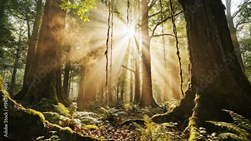 Ancient forest scene with sunbeams illuminating mossy tree trunks and hanging vines