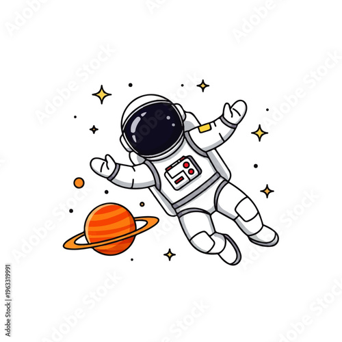 Vector flat design illustration of a cute astronaut floating in outer space with stars and a planet