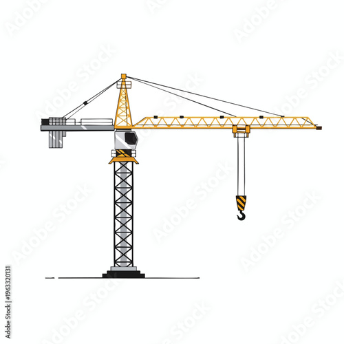 A yellow construction tower crane stands tall against a white background, ready for work