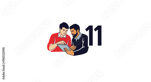 Two men in red and black shirts looking at a tablet together with number eleven