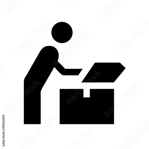 Black silhouette person opening cardboard box, unboxing package icon vector, delivery and logistics concept illustration for shipping services