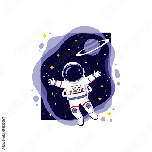 Flat design illustration of an astronaut floating in space with a planet and stars, vector graphic with a celestial background.