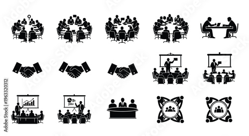 Business meeting and teamwork icons black silhouettes corporate symbols for partnership collaboration and communication concepts