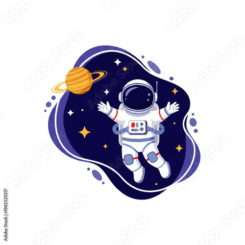 A stylized astronaut floats in space with a planet and stars on a dark blue background in a flat design illustration vector.