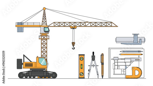 Technical illustration of a construction crane alongside various architectural tools like a level, compass, and blueprints.