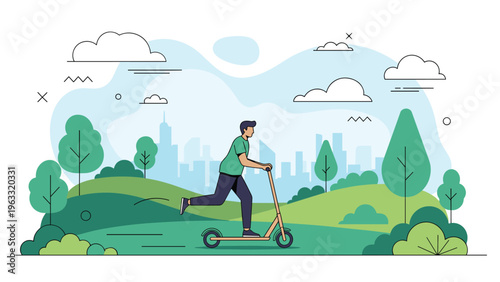 Man in a green shirt quickly rides an electric scooter through a lush city park with a modern urban skyline in the background.