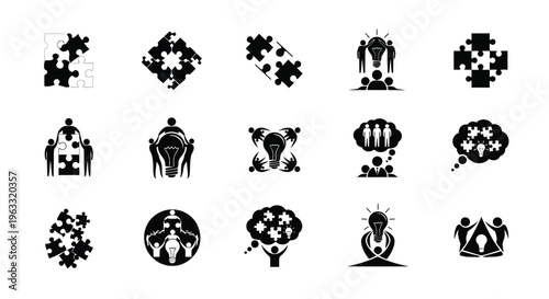 Collection of black puzzle and people icons on white background symbolizing teamwork and problem solving