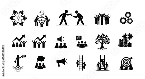 Business teamwork and communication icons set black silhouettes on white background for marketing and strategy concepts