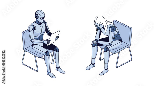 Robotic assistant and a young woman sit on chairs facing each other while engaged in a conversation or a testing session.