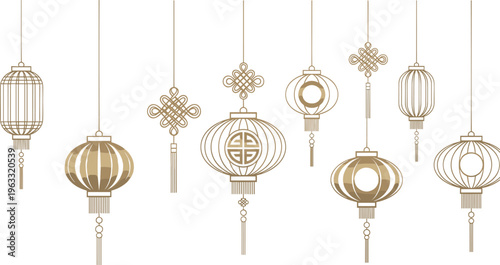 Golden vector illustration of nine hanging lanterns with intricate patterns, tassels, and Chinese knot motifs, festive cultural artwork