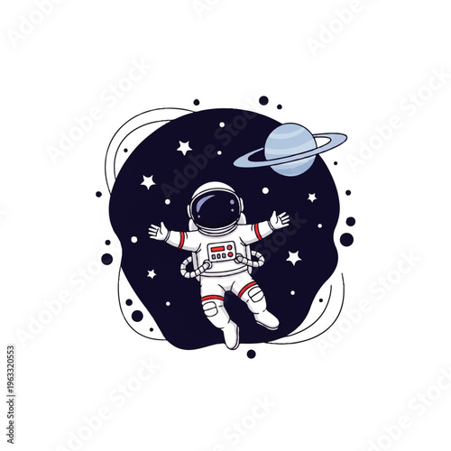 Tableau sur toile A vector illustration of an astronaut floating in space with a planet and stars on a dark blue background, created in a flat design style