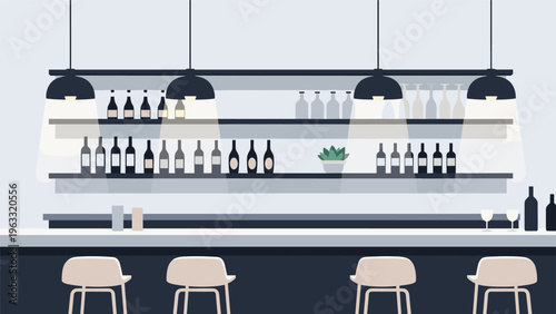 Modern bar interior features rows of wine bottles on shelves and minimalist bar stools under hanging lamps.