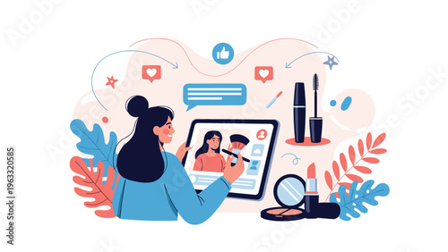 Beauty influencer records a makeup tutorial video using her digital tablet surrounded by cosmetic products and social icons.