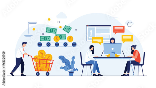 Financial management concept shows money being processed on a conveyor belt while employees work on their laptops.