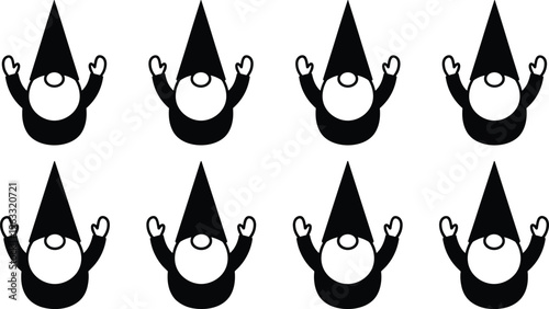 Minimalist Top Down View Illustration of Eight Cute Garden Gnomes with Pointy Hats and Raised Hands for Seamless Vector Pattern