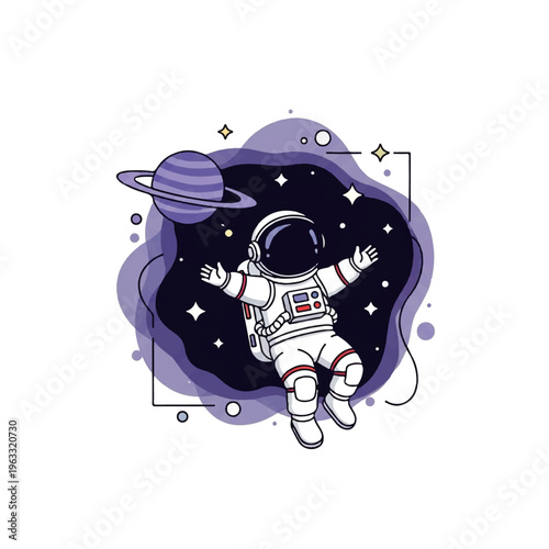 Vector flat design illustration of an astronaut floating in space near a planet with stars and cosmic nebula