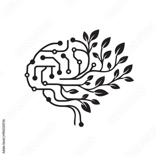 Brain with circuit and leaves represents artificial intelligence and natural growth.