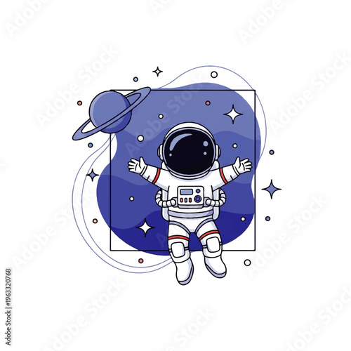 Vector flat design illustration of a cute cartoon astronaut floating in space with stars and a planet