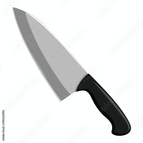 Sharp, silver chef's knife with a black handle, isolated on a white background