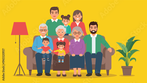 Multigenerational family members gather for a group portrait while sitting comfortably on a sofa in their yellow living room.