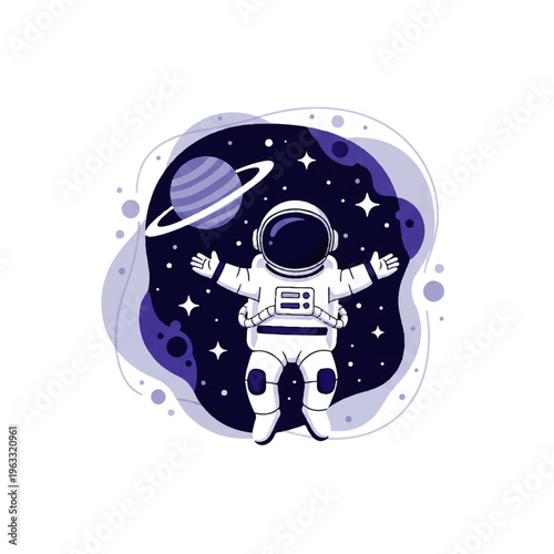 A vector illustration of an astronaut floating in a starry space with a planet and purple nebula in a flat design style on a white background.