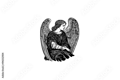 Angel vector illustration, black and white isolated religious symbol for church faith logo and spiritual print.