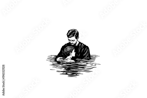 Baptism vector illustration, black and white isolated religious symbol faith and spiritual print.