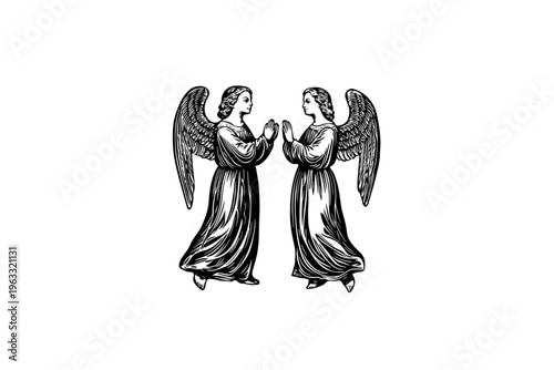 Angels vector illustration, black and white isolated religious symbol for Easter, church faith logo and spiritual print.