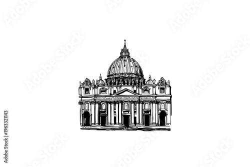 Basilica vector illustration, black and white isolated religious symbol for church faith logo and spiritual print.