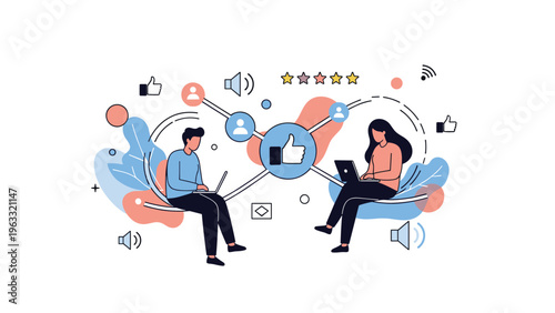 Users connect through digital platforms represented by social media icons like thumbs up and stars in a stylized layout.