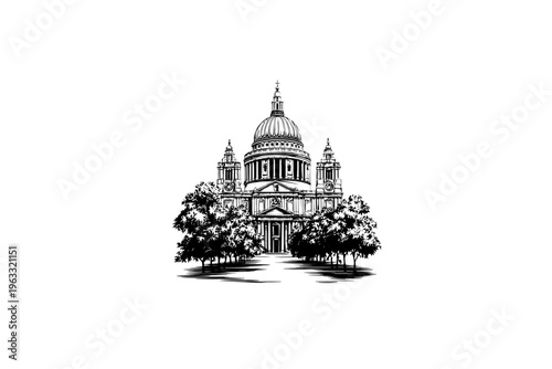 Basilica vector illustration, black and white isolated religious symbol, church faith logo and spiritual print.