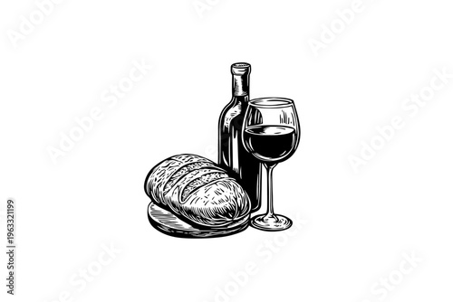 Bread and Wine vector illustration, black and white isolated religious symbol for Easter, church faith logo and spiritual print.