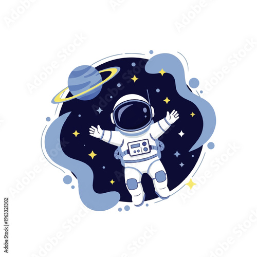 A white Flat Design Ilustration Vector of an astronaut in a spacesuit floating in a starry night sky with a planet and a swirling blue design.