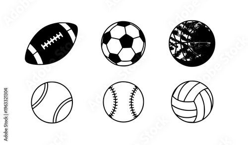 Sports Ball Icon Set Vector Illustration Football Soccer Basketball Tennis Baseball Volleyball Isolated on White Background
