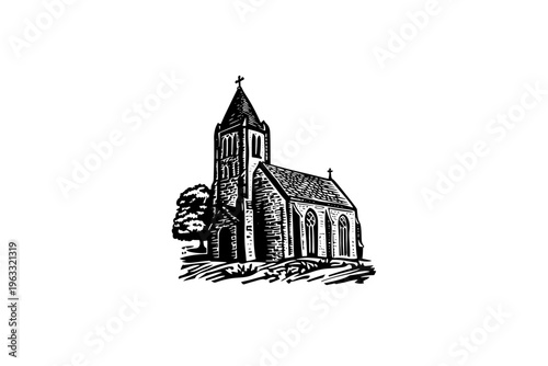 Gothic cathedral building in historical medieval line art style. Black and white vector woodcut illustration of a traditional christian chapel with a steeple. Religious heritage architecture icon.