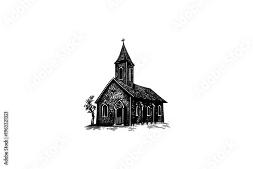 Church vector illustration, black and white isolated religious symbol for Easter, church faith logo and spiritual print.
