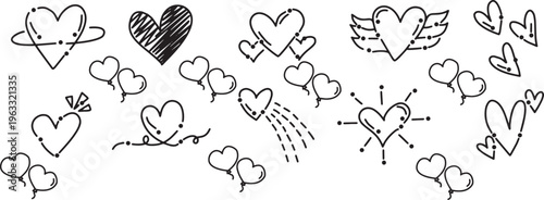 Hand Drawn Doodle Heart Icon Set. Black Line Love Symbols, Balloons, Wings, Sparkle Sketch, Romantic Elements PNG Transparent Background