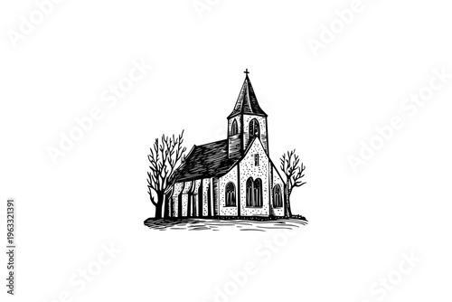 Vintage vector sketch of a small christian church with a bell tower. Engraving style rural chapel digital illustration isolated on white.