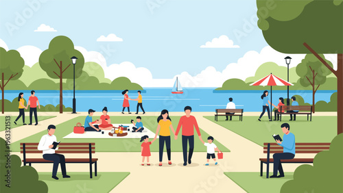 People enjoy a sunny afternoon in a public park by a lake with activities like picnicking, reading, and walking.
