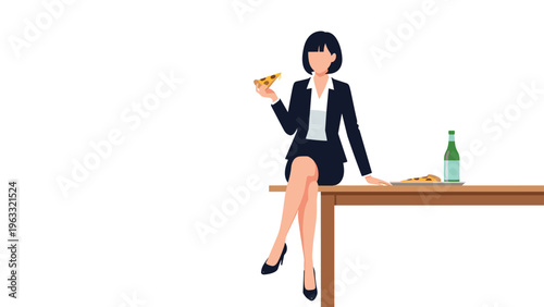 Professional woman in a business suit takes a break by sitting on a table and eating a slice of pizza.