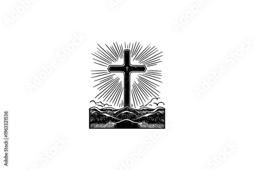 Cross vector illustration, black and white isolated religious symbol for church faith logo and spiritual print.