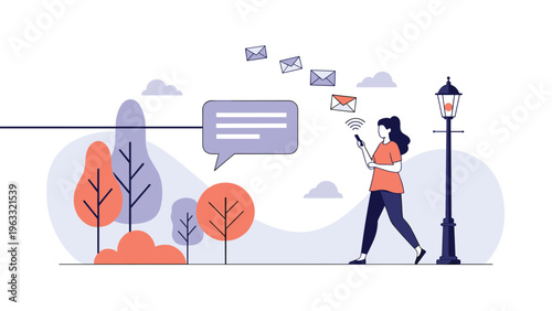 Young woman walking in city park while using mobile phone for digital communication and sending emails through wireless internet connection.