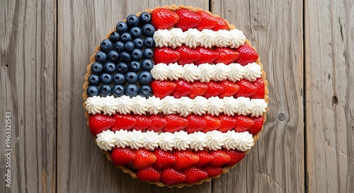 American flag dessert, strawberries, blueberries, and whipped cream on a wooden table
